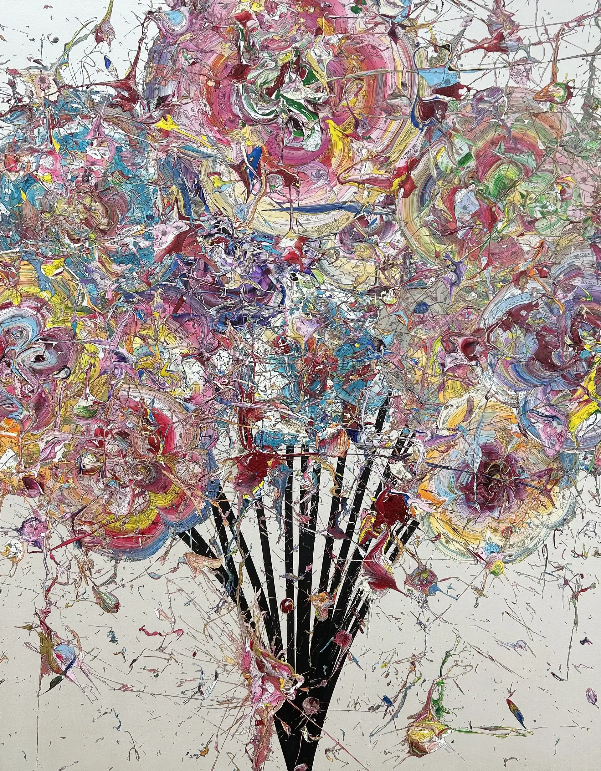 出展作品《Abstract Bouquet 260126 (Pearl White x Red)》  アクリル絵の具・顔料インク/キャンバス・アルミパネル, 2026 H1620 x W1303 x D32mm