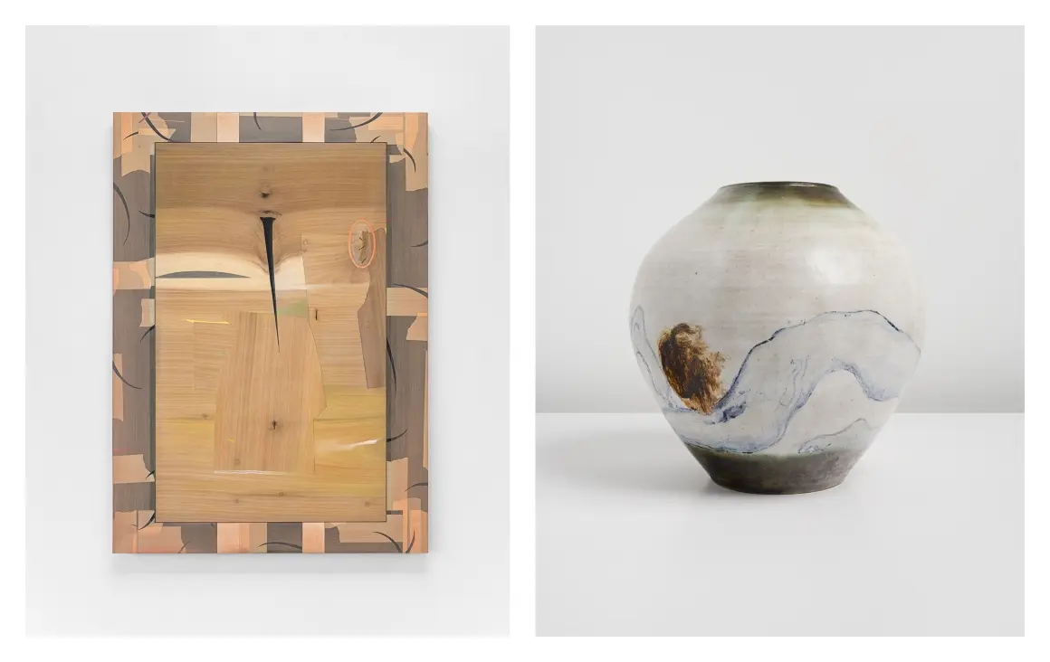 Left: Camille Blatrix, “Épine”, 2025, oil painting on wood marquetry, maple, birch plywood, 81.5 x 57.5 x 3.5 cm © Camille Blatrix / Photo: Holly Fogg. Right: Sanya Kantarovsky, “Development”, 2025, stoneware, oxides, glaze, 27.3 x 28 x 28 cm © Sanya Kantarovsky / Photo: Pierre Le Hors. Courtesy of Taka Ishii Gallery