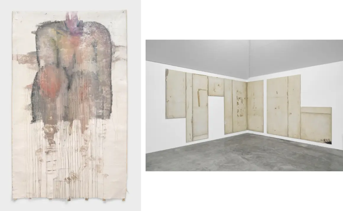Left: Ser Serpas, “Untitled”, 2026, oil on canvas, 302.3 x 182.9 cm © Ser Serpas. Courtesy of O.R_C. Inc. and Taka Ishii Gallery / Right: Rafik Greiss, "Bitter to be present", 2025, plaster plates, patinated, 215 x 482 x 1.8 cm (Install at SIMIAN, Copenhagen, Denmark, curated by Fabian Flückiger) © Rafik Greiss.